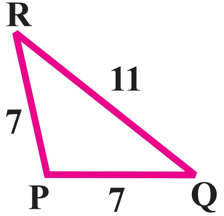 Triangle with sides labeled 7, 11, and 7, angles P, Q, R for Law of Cosines exercise.
