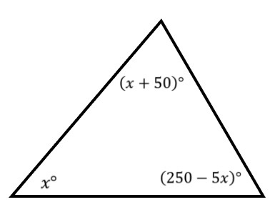 Triangle with angles labeled as x°, (x + 50)°, and (250 - 5x)° for angle measure calculations.
