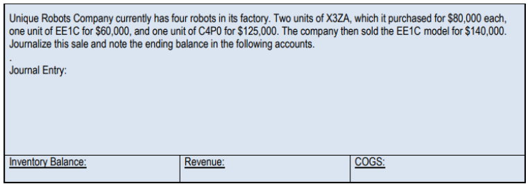 Text describing a company's robot inventory, purchase costs, a sale transaction, and spaces for journal entry and account balances.