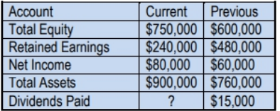 Table showing current and previous financial figures for equity, earnings, income, assets, and dividends paid.