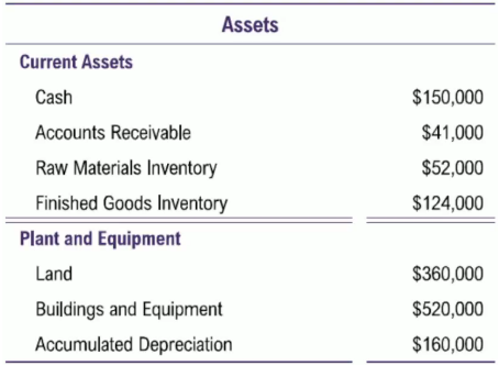 Balance sheet section showing current assets and plant and equipment with corresponding dollar amounts.