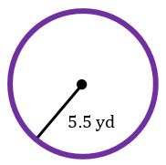 Circle with a radius of 5.5 yards and an instruction to find the circumference using π = 3.14.