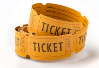 Roll of orange raffle tickets with spaces for name and address, used for fundraising.
