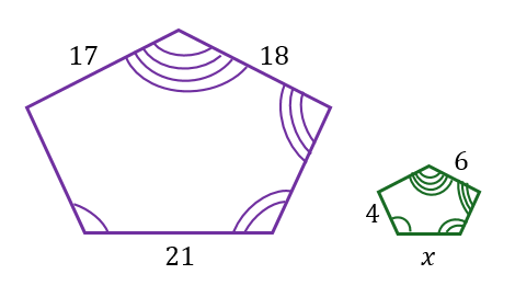 Two similar pentagons with side lengths labeled, showing corresponding angles and sides for comparison.