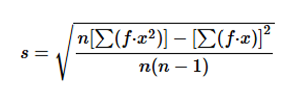 Formula for calculating standard deviation from a frequency distribution, showing variables and mathematical notation.