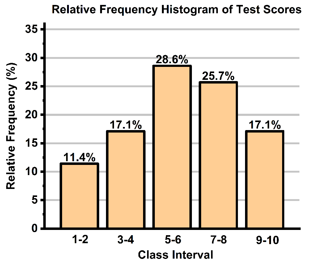 Relative frequency histogram showing test score distribution across five class intervals with percentages labeled.