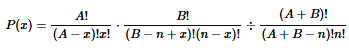 Mathematical formula for hypergeometric distribution calculating probabilities in sampling without replacement.