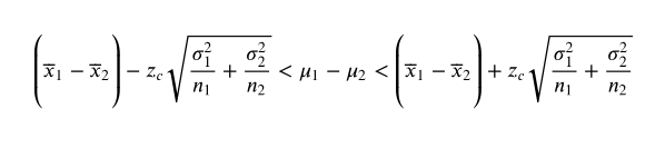 Equation showing the confidence interval formula for the difference between two population means with known variances.