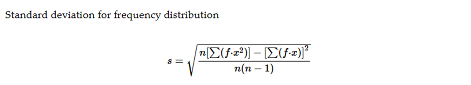 Standard deviation formula for frequency distribution, showing variables n, f, and x.