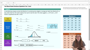 Two Means -Sigma Known Hypothesis Test - Excel
