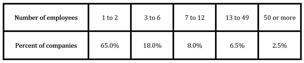 Table showing company sizes: employee ranges and corresponding percentages of companies.