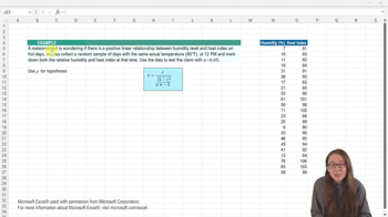 Inferences for Correlation Coefficient - Excel Example 1