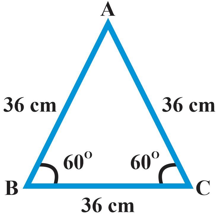 Triangle ABC with sides of 36 cm and angles of 60 degrees, illustrating the Law of Sines.