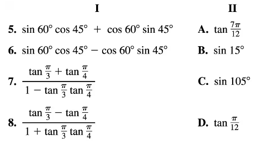 Matching exercise with trigonometric expressions in two columns involving sine, cosine, and tangent functions with angles in degrees and radians.