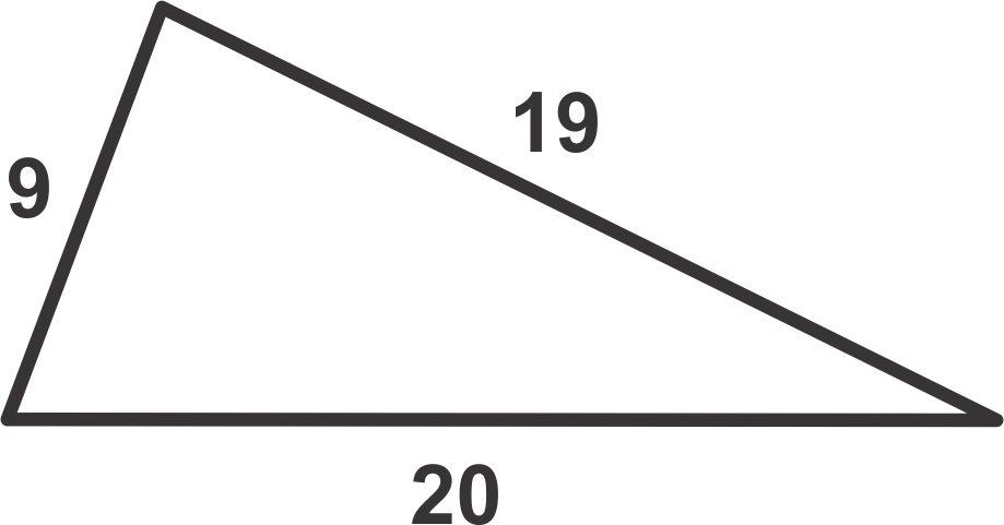 Scalene triangle with sides measuring 9, 19, and 20 units, illustrating area calculation using Heron's formula.