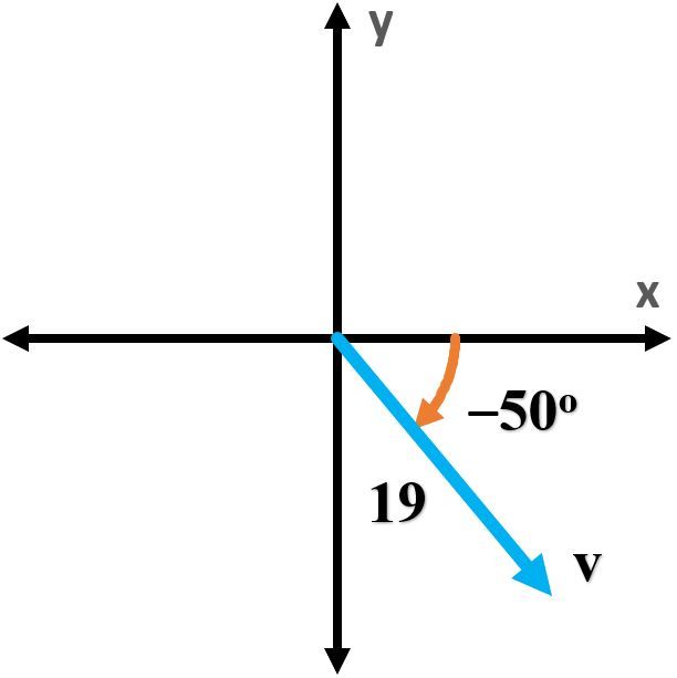 A blue vector labeled 'v' at -50 degrees and length 19 in a Cartesian plane.