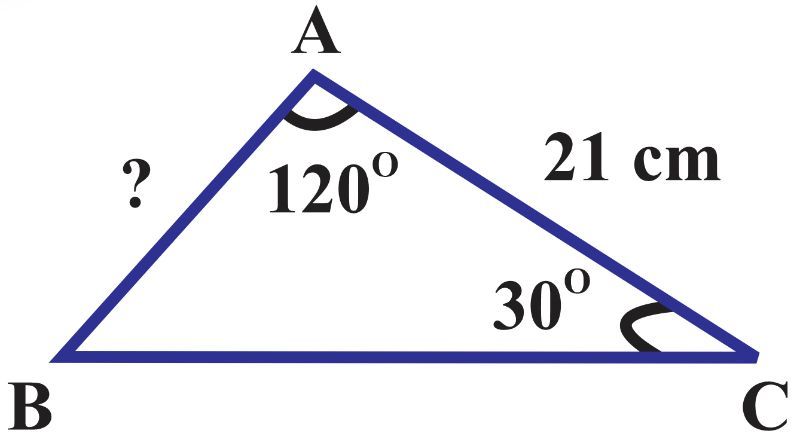 Triangle ABC with angles 120° and 30°, side AB is missing, side AC is 21 cm.