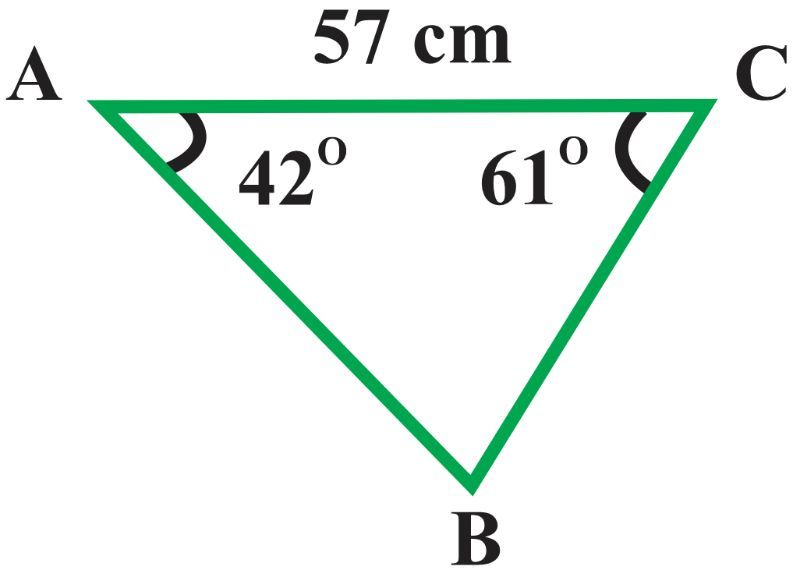 Triangle ABC with sides and angles labeled: A=57 cm, B=42°, C=61°.