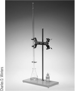 Titration apparatus setup with buret, flask, and stand