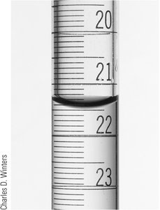 Close-up of buret meniscus for volume reading