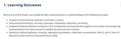 Learning outcomes for calibration and method validation