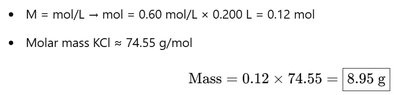 Calculation of mass of KCl from molarity and volume