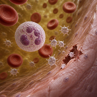Microscopic breach in blood vessel with leukocytes and platelets responding