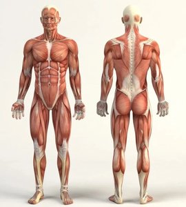 Anterior and posterior views of the human muscular system