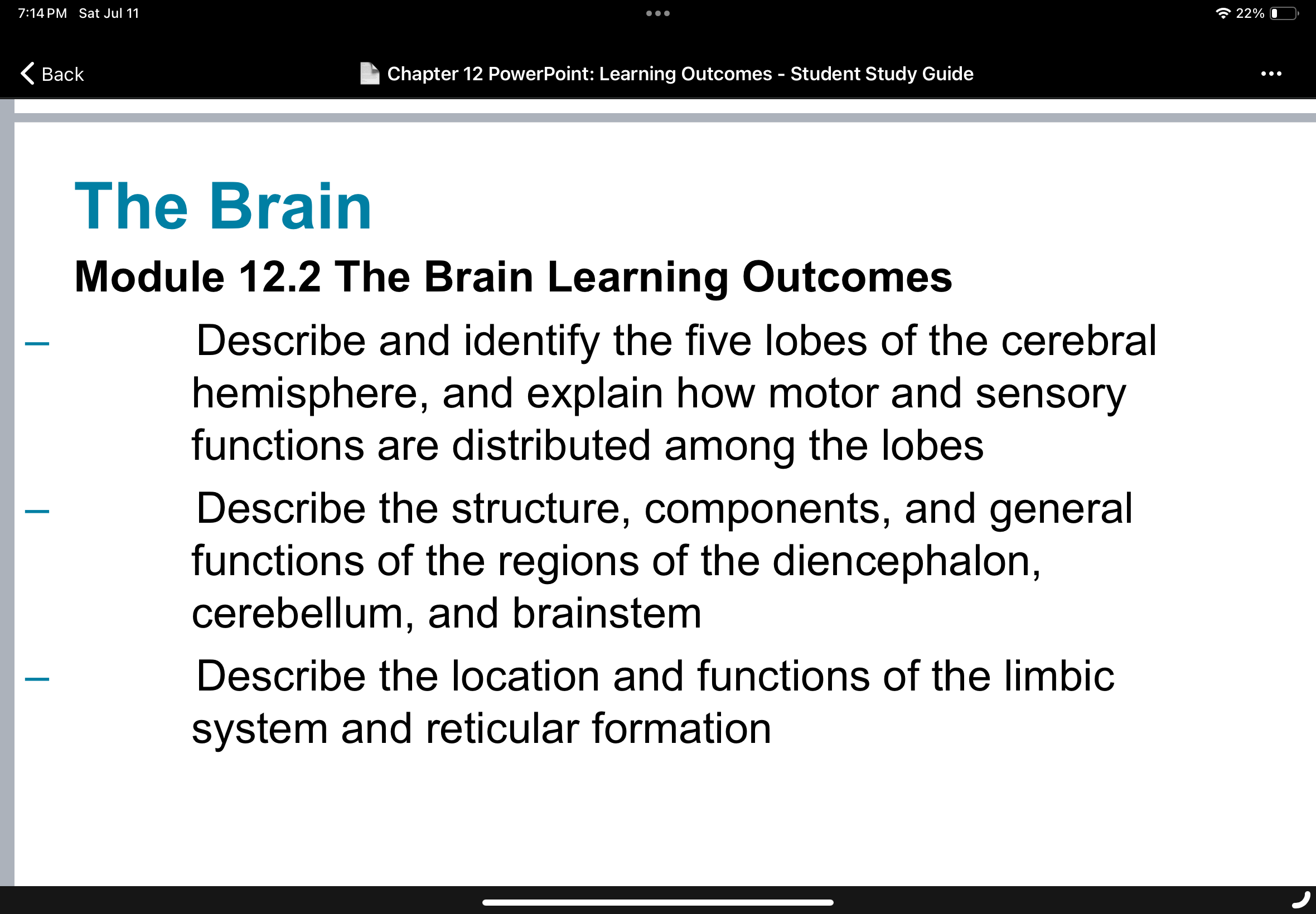 The Brain Learning Outcomes slide
