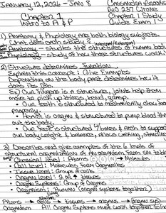 Handwritten notes on Introduction to Anatomy & Physiology
