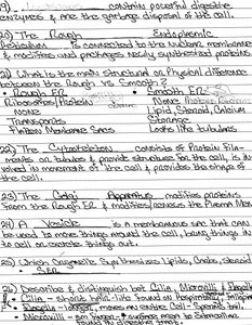 Handwritten notes on cell organelles and functions