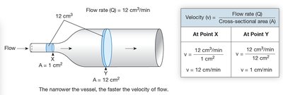 Diagram and table showing flow rate and velocity at different cross-sectional areas