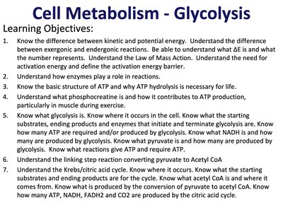 Cell Metabolism - Glycolysis Learning Objectives