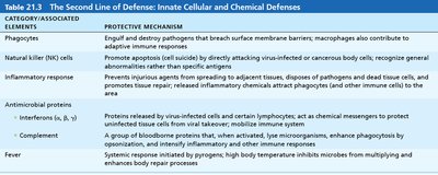 Table of innate cellular and chemical defenses