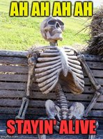 skeleton with stayin' alive caption