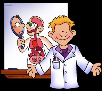 Cartoon showing a doctor and anatomical diagram