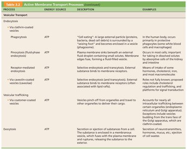 Active membrane transport processes table continued