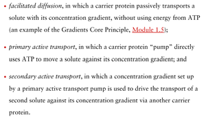 Text describing facilitated diffusion, primary and secondary active transport