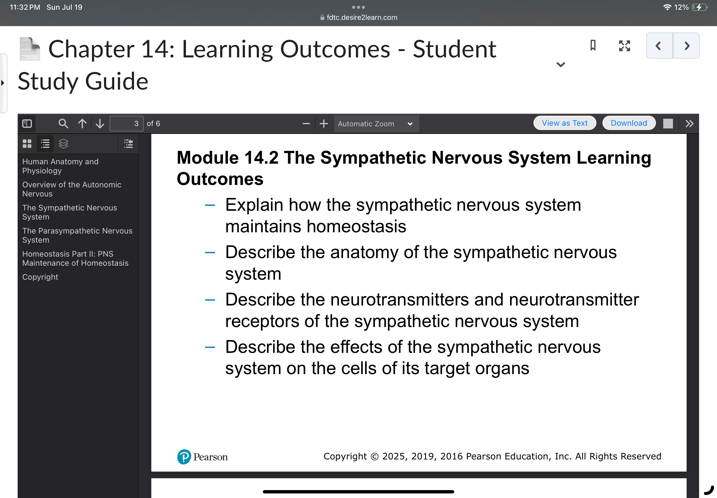 Sympathetic nervous system learning outcomes slide