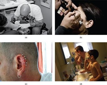 Examples of skin embellishments: tattoos, makeup, piercings, and shaving