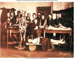 Historical anatomy class with cadaver and skeleton