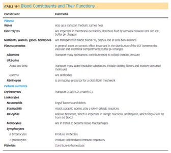 Table of blood constituents and their functions