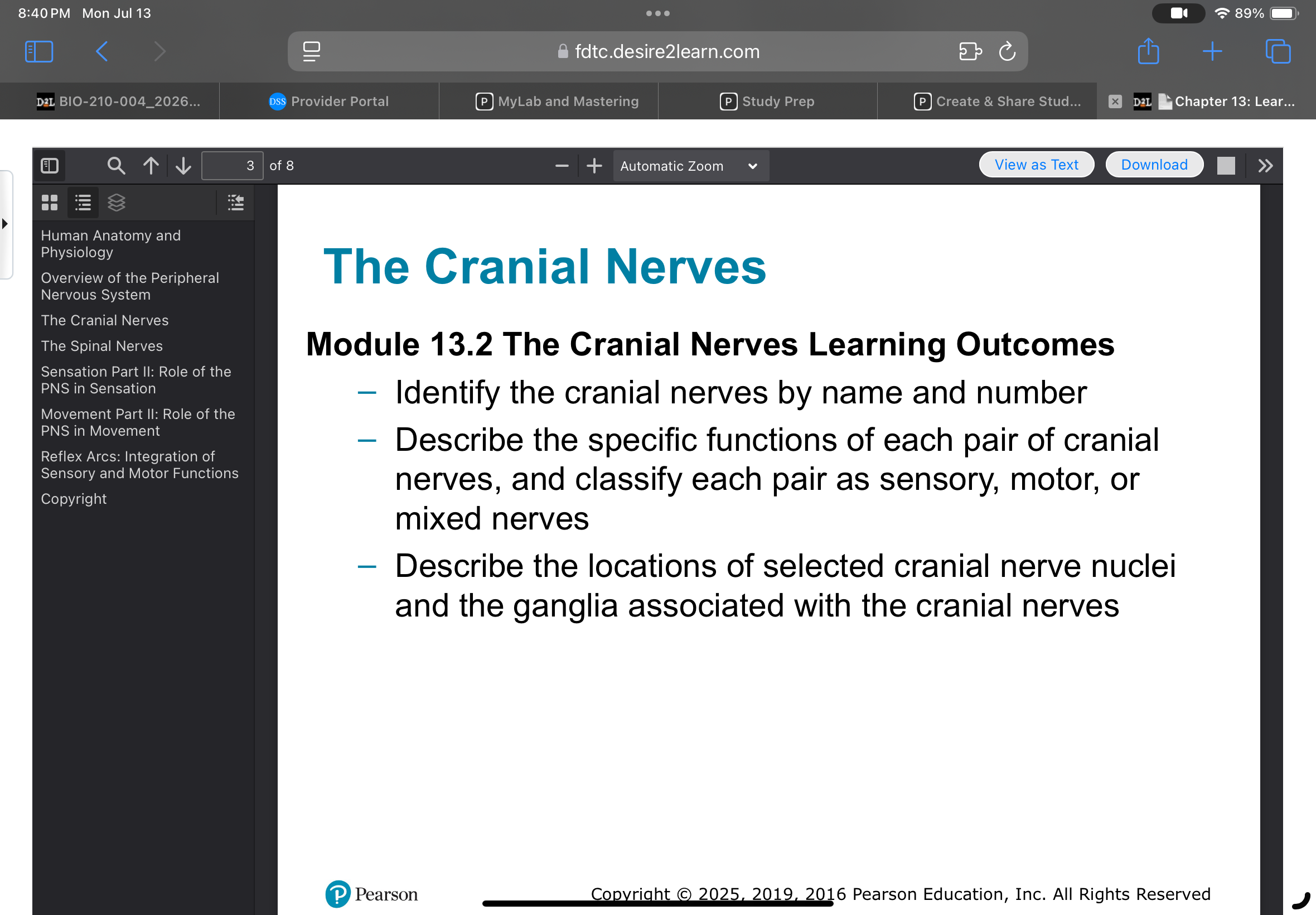 Cranial Nerves Learning Outcomes slide