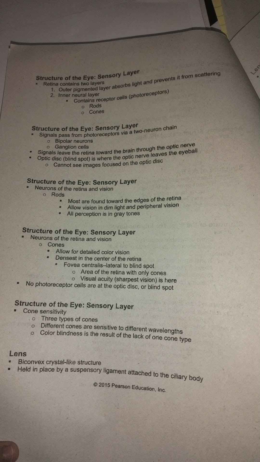 Photograph of notes on the structure of the eye, sensory layer, and lens