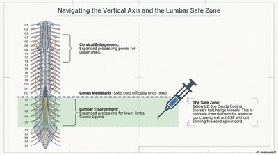 Spinal cord vertical axis and lumbar puncture safe zone