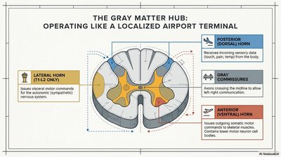 Gray matter horns and commissures in spinal cord