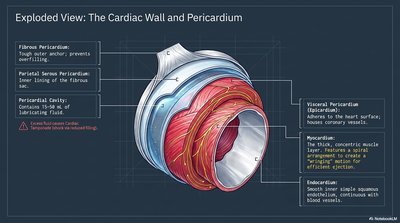 Exploded view of cardiac wall and pericardium