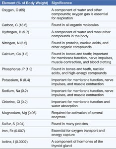 Table of elements and their significance in the human body
