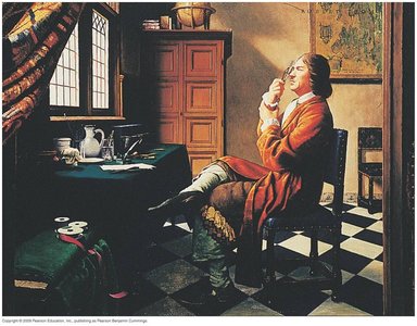 Antoni van Leeuwenhoek observing specimens