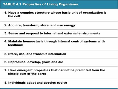 Properties of Living Organisms table